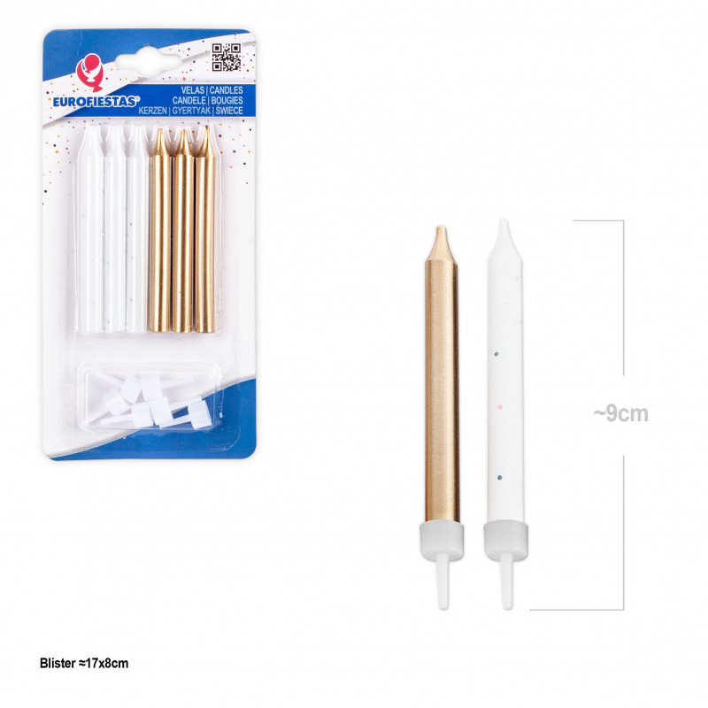 Candele cilindriche bianche e dorate 6pz