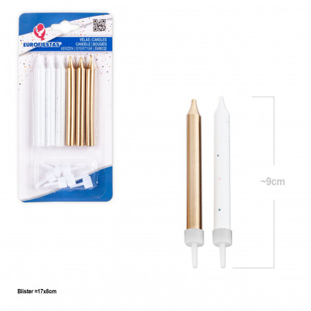 Candele cilindriche bianche e dorate 6pz