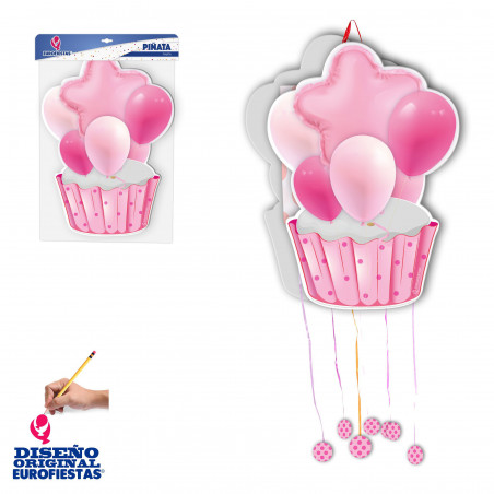 Piñata di compleanno con cupcake rosa e caramelle