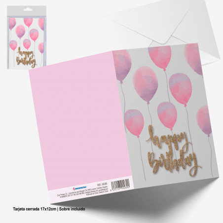 Biglietto d auguri di buon compleanno glitter oro palloncini rosa