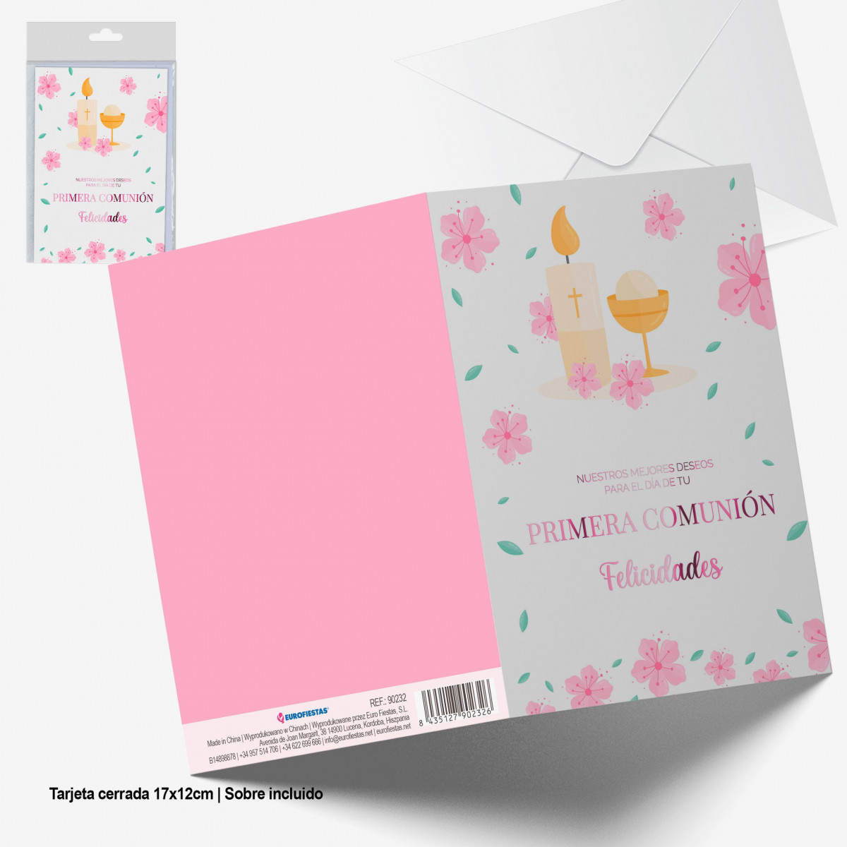 Biglietto di auguri rosa metallizzato calice comunione
