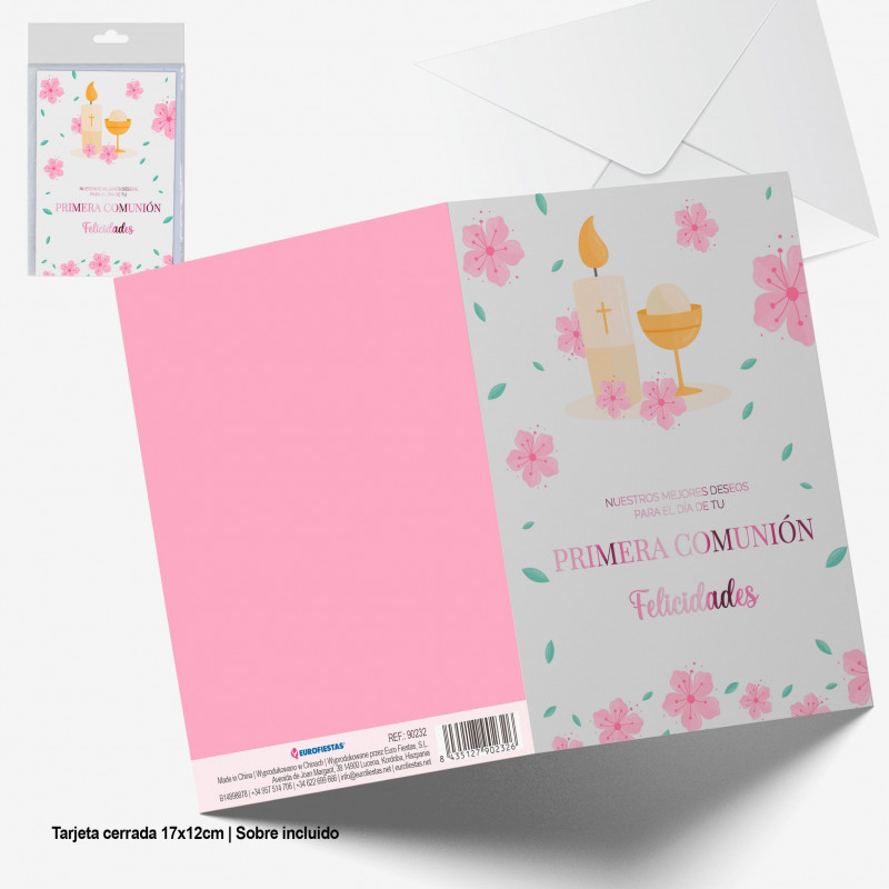 Biglietto di auguri rosa metallizzato calice comunione