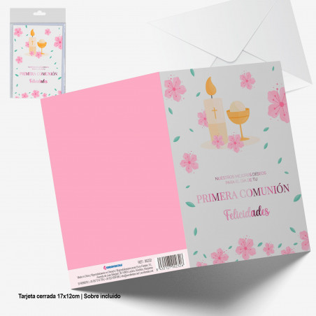 Biglietto di auguri rosa metallizzato calice comunione