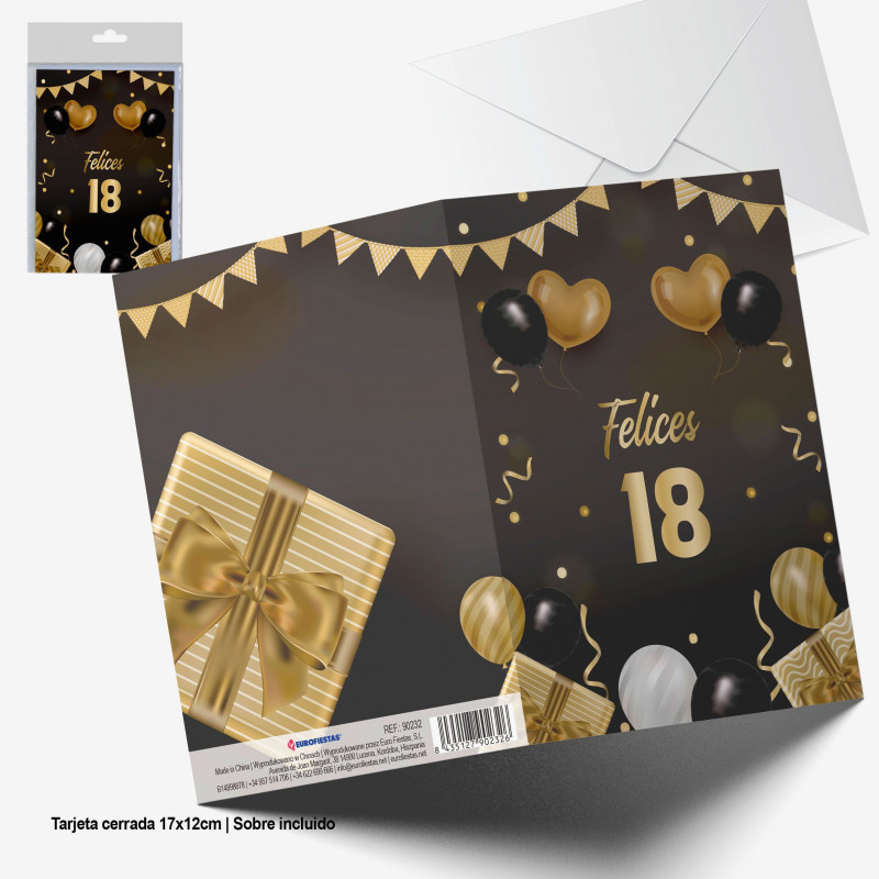 Biglietto di auguri per il 18° compleanno con busta, elegante design nero e oro