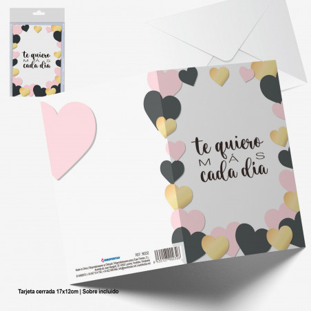 Biglietto di auguri con cuori Ti amo di più ogni giorno in oro