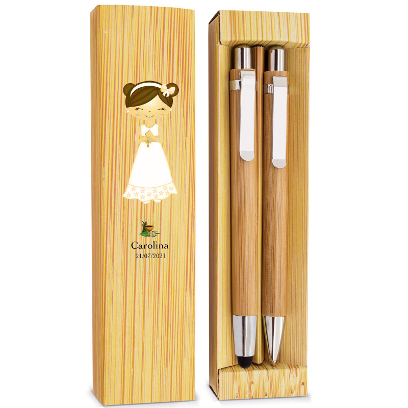 Portamine e penna in astuccio di bambù personalizzato con adesivi comunione