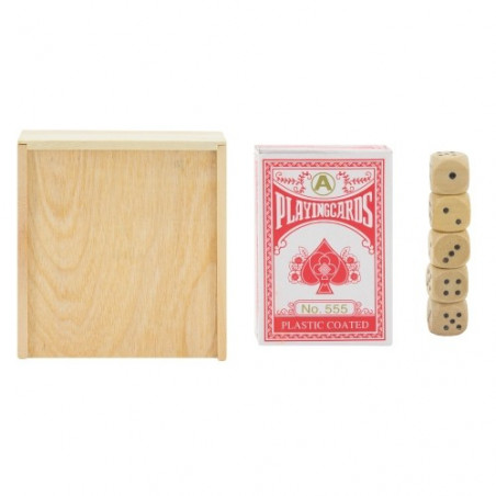 Gioco di dadi e carte in una scatola di legno con adesivi personalizzati per matrimonio