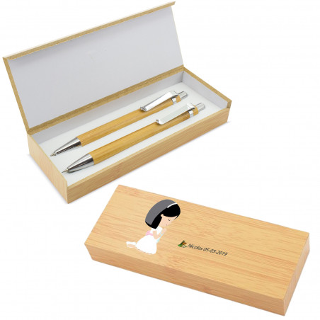 Portaminas e penna a sfera in set di legno con adesivi personalizzati come regalo di comunione per adolescenti
