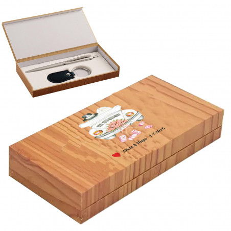 Set penna e portachiavi in legno con adesivi personalizzati per matrimonio