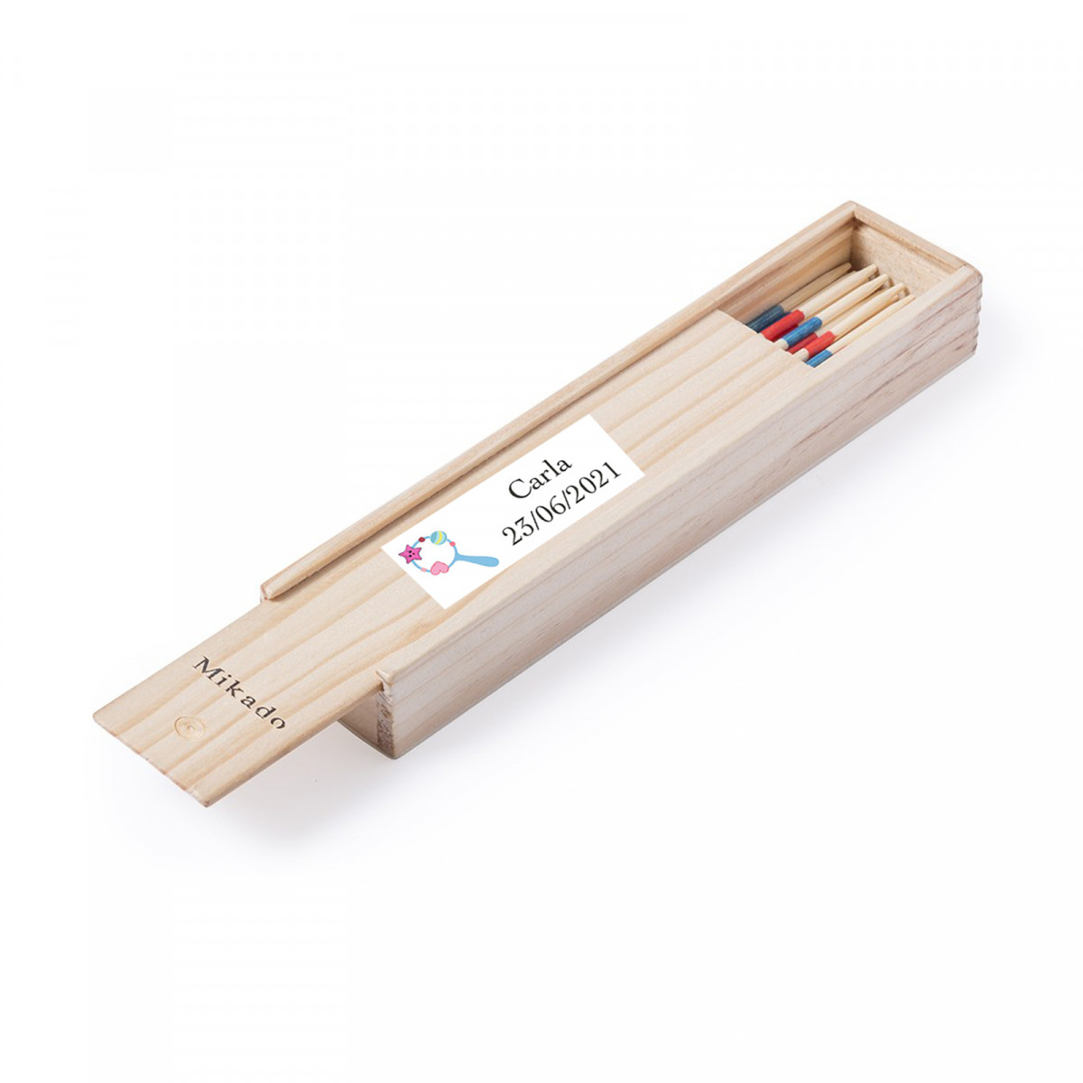 Gioco mikado personalizzato con adesivo di battesimo