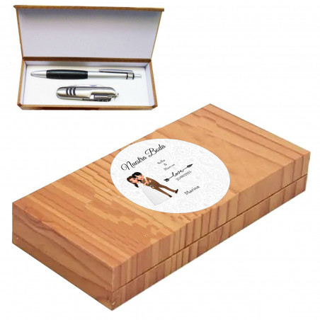 Penna con coltello in una custodia di legno con un adesivo nuziale personalizzabile