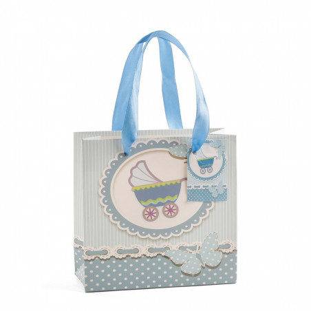 Borsetta argentata presentata in una borsa con un adesivo personalizzato per il battesimo di un bambino