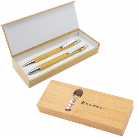 Penna e portamine in astuccio di bambù con adesivi per regali di comunione per adolescenti