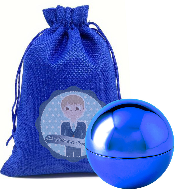 Balsamo per le labbra presentato in borsa blu e adesivo per comunione