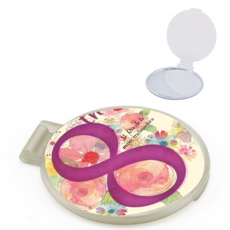 Specchietto tascabile bianco con adesivo personalizzato come regalo per la Giornata internazionale della donna.