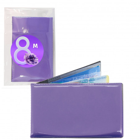 Portacarte da donna di colore lilla presentato in una borsa trasparente con immagine adesiva