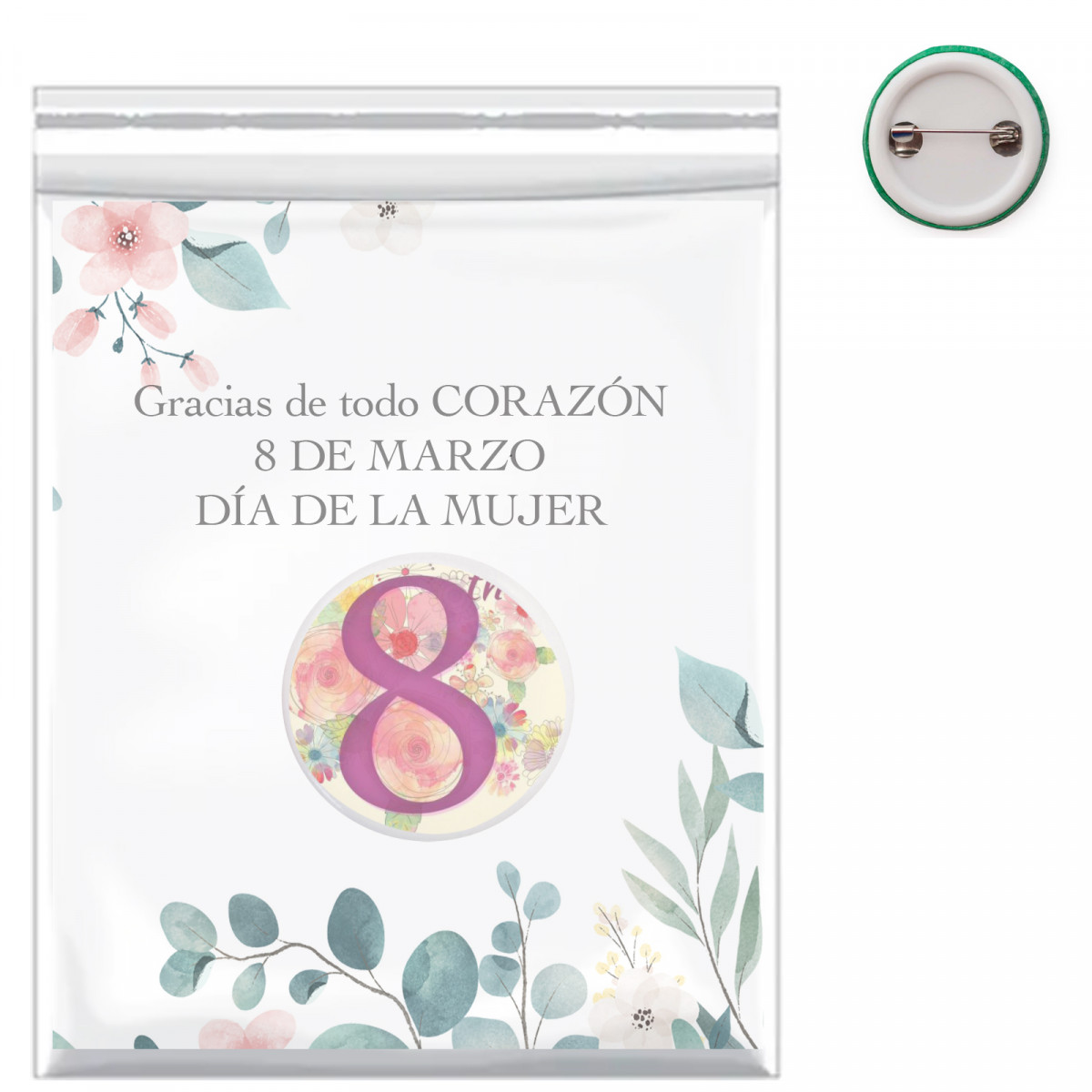 Badge personalizzato con adesivo con immagine e biglietto con dedica in busta in pvc come dettaglio per la festa della donna