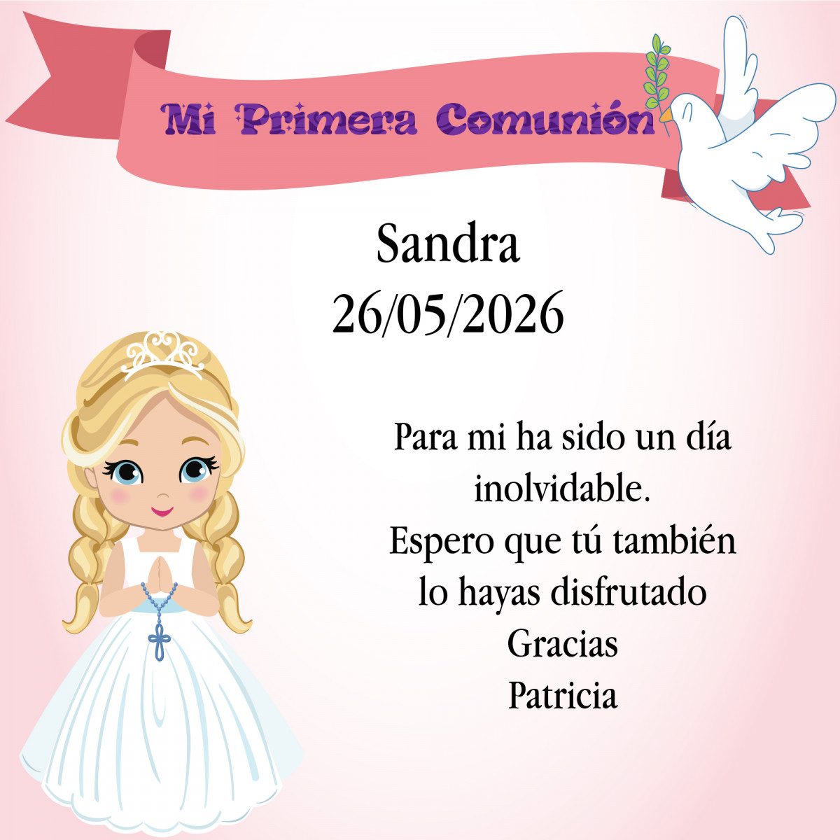 Carta grande di ringraziamento con nome dell'invitato per comunione bambina