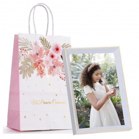Cornice bianca per foto 10 x 15 cm con sacchetto regalo per comunione