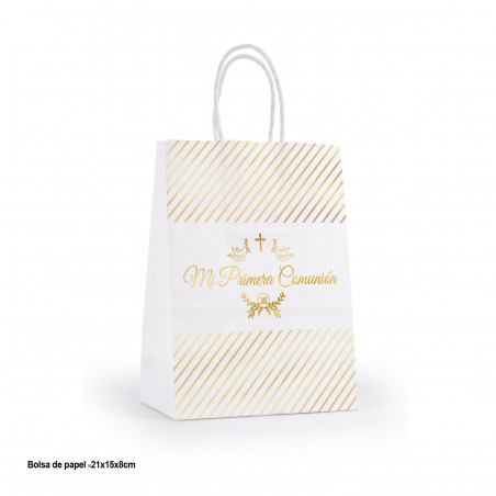 Portafoto dorato con sacchetto regalo per la comunione e adesivo personalizzato