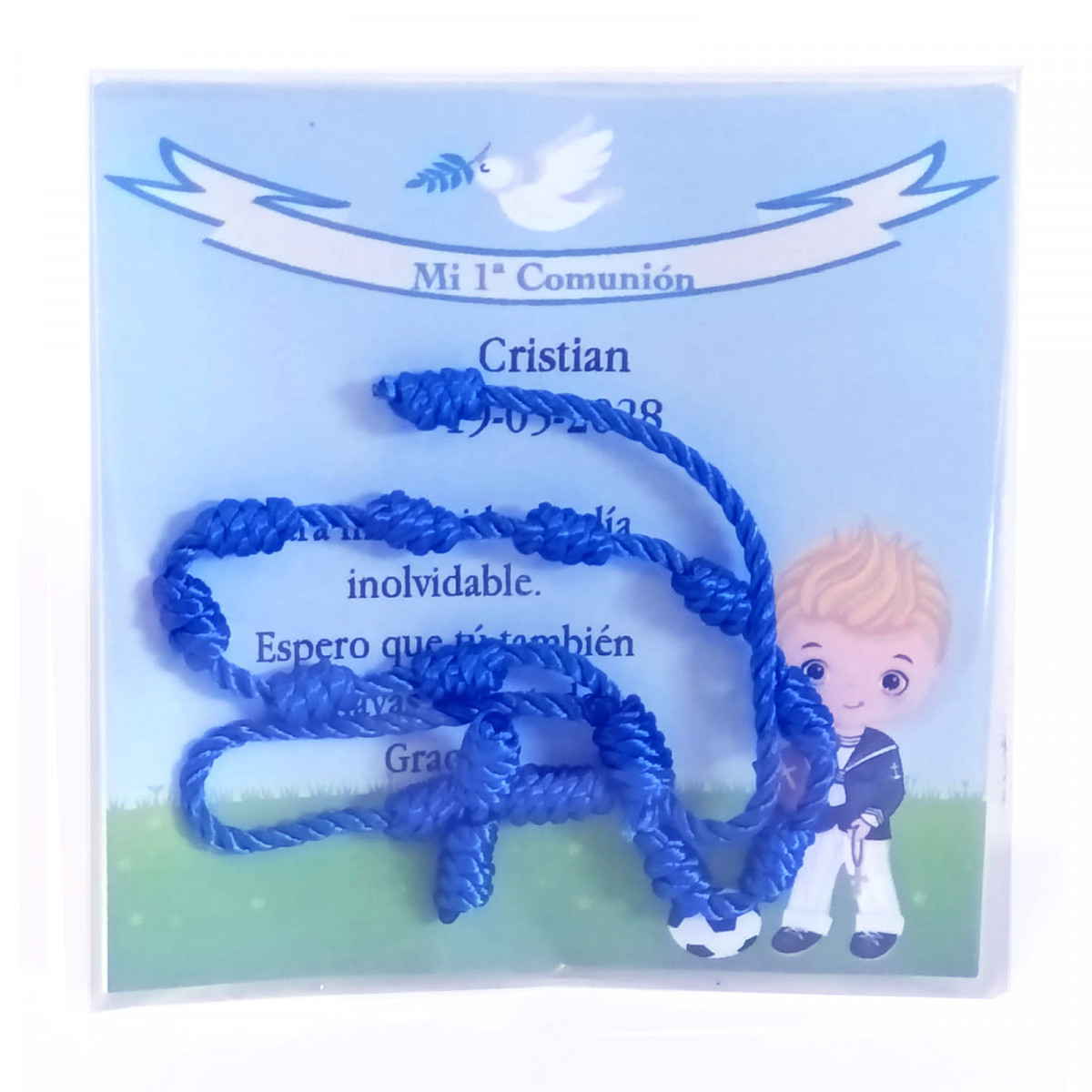 Rosario giovanile in cordino blu con biglietto di comunione personalizzato per la dedica