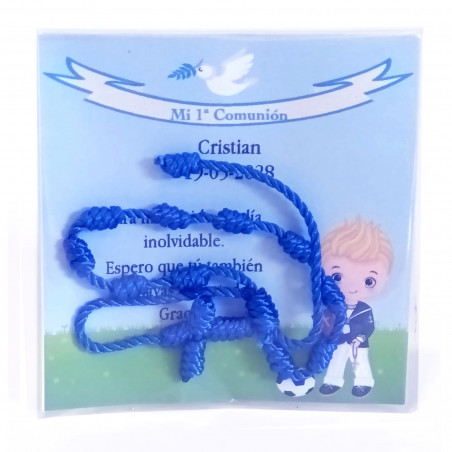 Rosario giovanile in cordino blu con biglietto di comunione personalizzato per la dedica