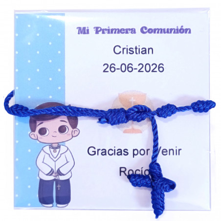Braccialetto per la comunione del bambino presentato in una borsa con un biglietto di ringraziamento