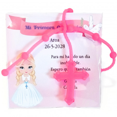 Braccialetto rosario rosa con biglietto di comunione con dedica