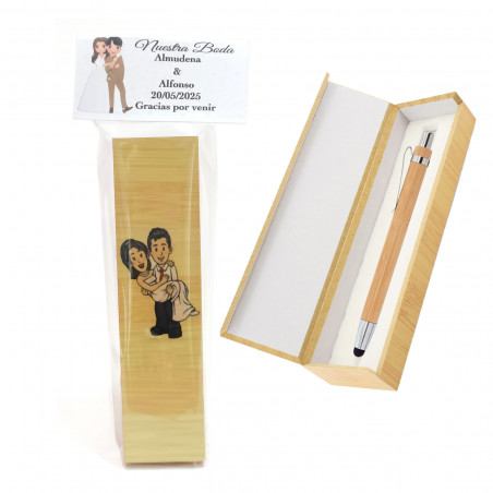 Penna stilo in legno in astuccio con borsa e adesivi nuziali