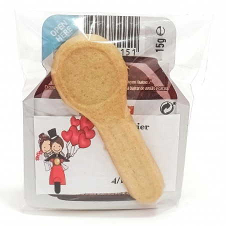 Porzione individuale di Nutella con biscotto a forma di cucchiaio e adesivo per matrimoni personalizzato