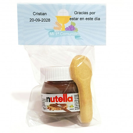 Nutella in un piccolo barattolo con un cucchiaio per biscotti, presentato in un sacchetto per la comunione personalizzabile e