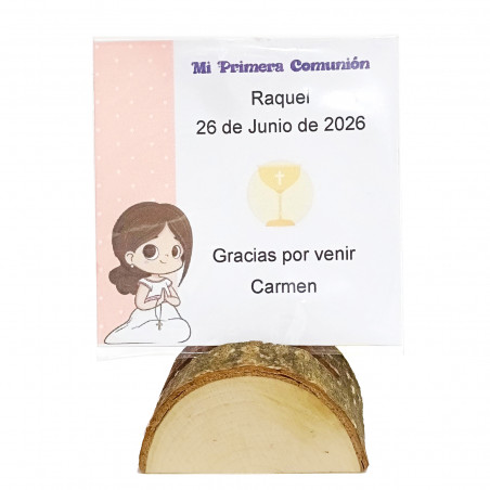 Minuta comunione di bambina con supporto a forma di tronco