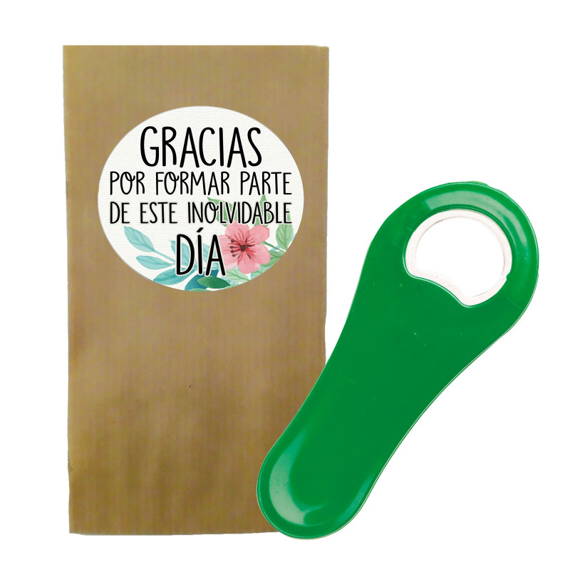 Apribottiglie con magnete con busta e adesivo floreale con frase