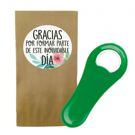Apribottiglie con magnete con busta e adesivo floreale con frase