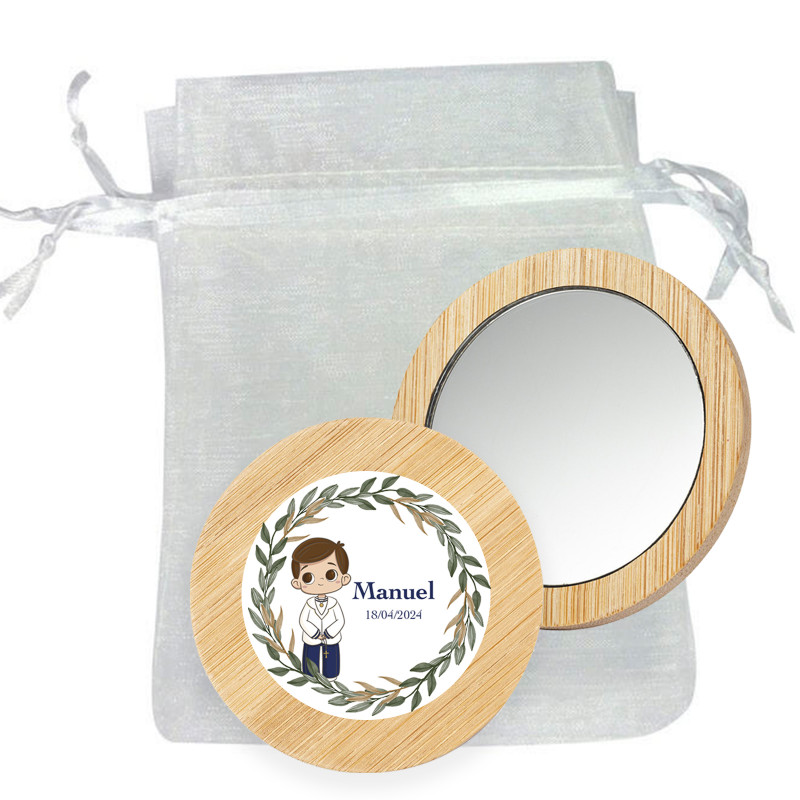 Specchio di legno con adesivo di comunione personalizzato in sacchetto di organza da regalare