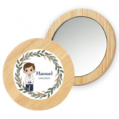 Specchio di legno con adesivo di comunione personalizzato in sacchetto di organza da regalare