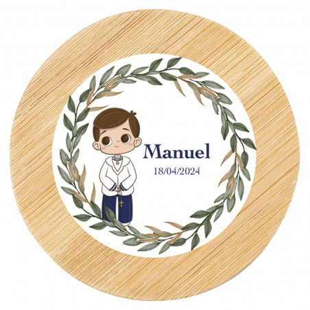 Specchio di legno con adesivo di comunione personalizzato in sacchetto di organza da regalare