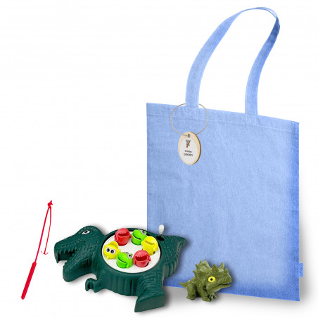 Dinosauri giocattolo e gioco di pesca presentati in un sacchetto di stoffa con adesivo personalizzabile su etichetta di legno