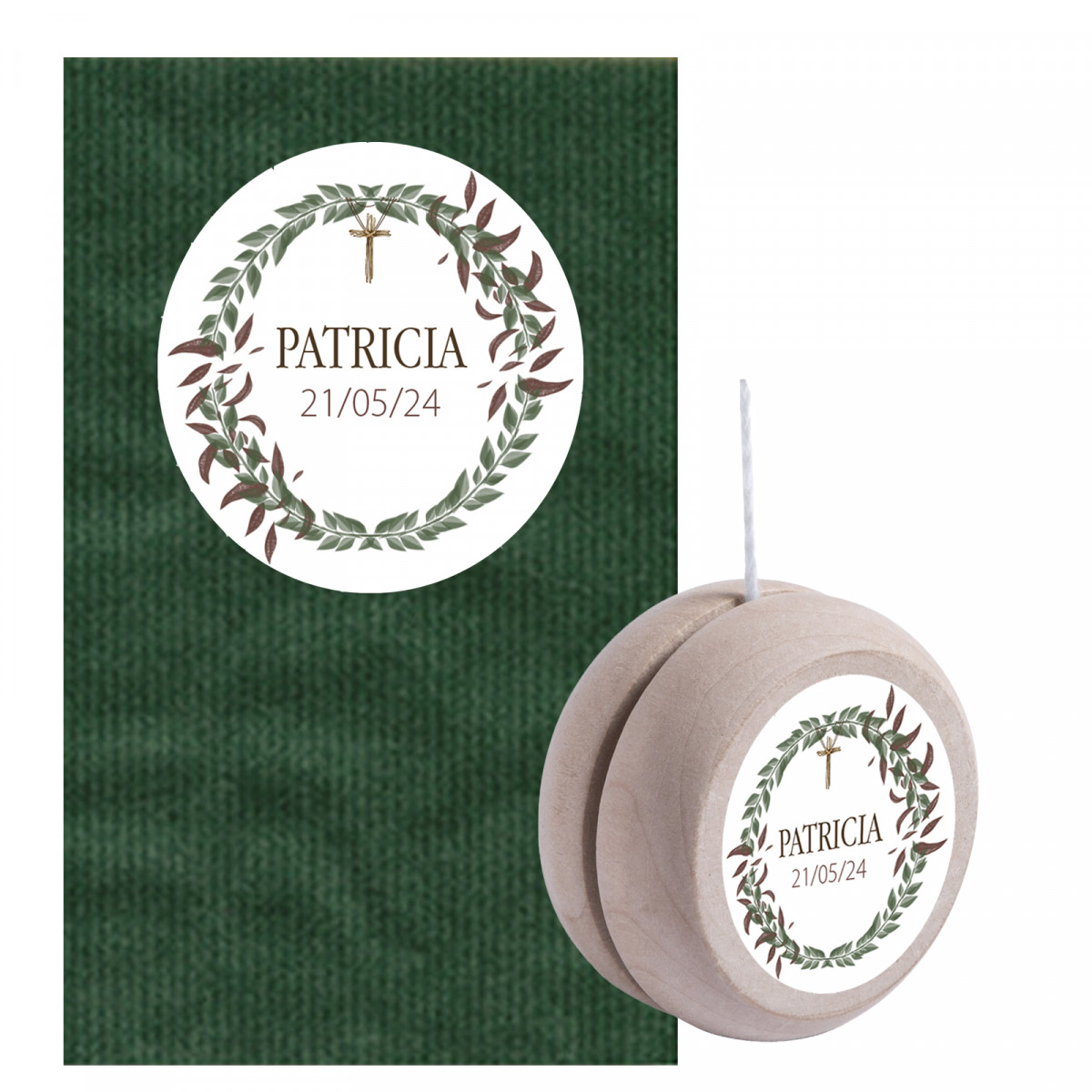 Yo-yo di legno personalizzato per comunione con busta kraft verde