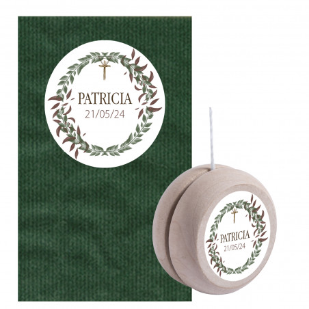 Yo-yo di legno personalizzato per comunione con busta kraft verde