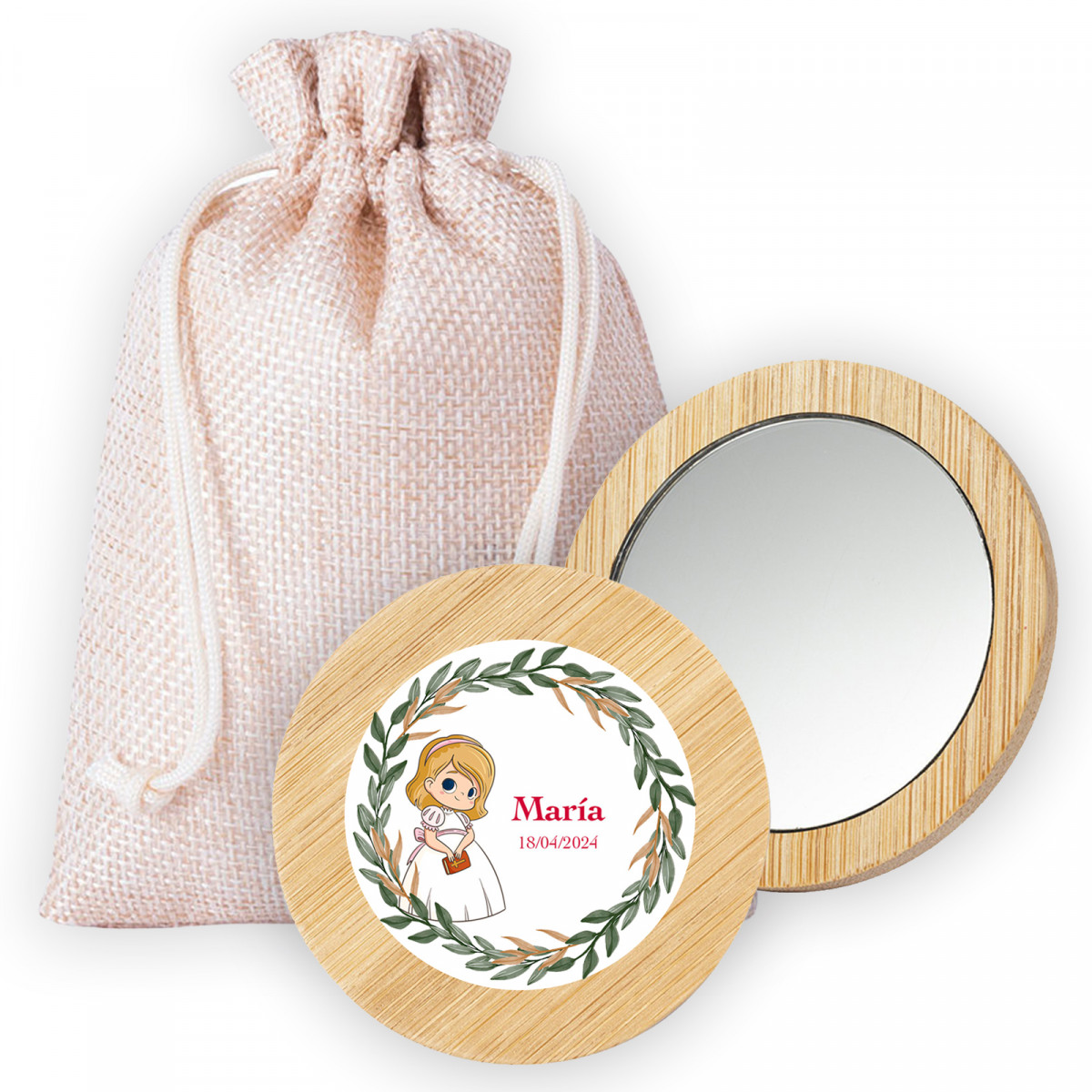 Specchio rotondo in legno con adesivo personalizzato per la comunione della bambina, in un sacchetto di stoffa ideale come