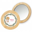 Specchio rotondo in legno con adesivo personalizzato per la comunione della bambina e sacchetto in tessuto