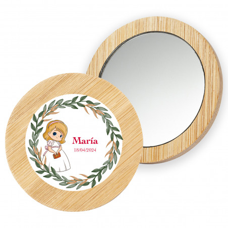 Specchio rotondo in legno con adesivo personalizzato per la comunione della bambina, in un sacchetto di stoffa ideale come