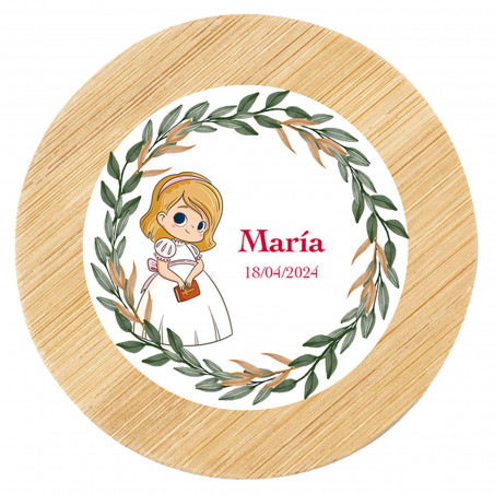 Specchio rotondo in legno con adesivo personalizzato per la comunione della bambina, in un sacchetto di stoffa ideale come