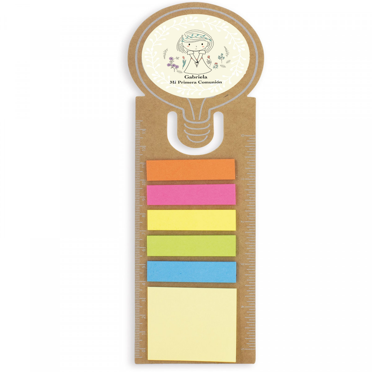 Righello di cartone con post-it personalizzato con adesivo di comunione per bambina