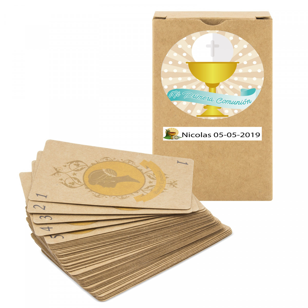 Mazze di carte spagnole personalizzate con adesivi per comunione