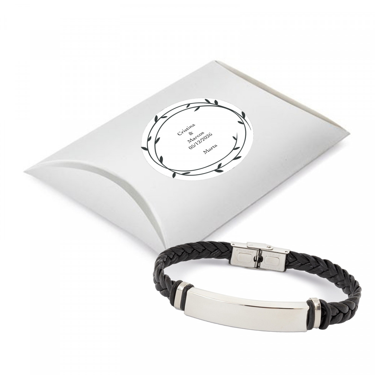 Bracciale intrecciato con placca in argento e scatola personalizzata con adesivo