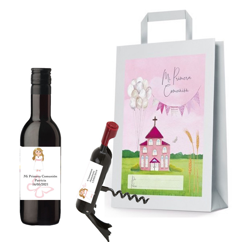 Bottiglia di vino comunione con cavatappi personalizzati con adesivi di bambina e borsa regalo