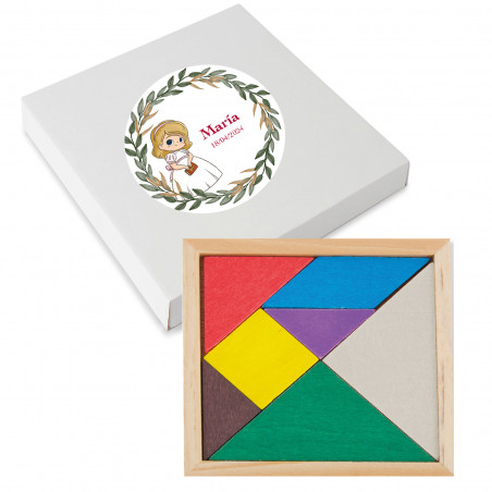 Tangram con scatola di cartone e adesivo personalizzato per la comunione della bambina