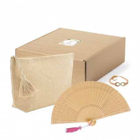Trousse cosmetica con braccialetto e ventaglio in scatola con adesivo personalizzato per la festa della mamma